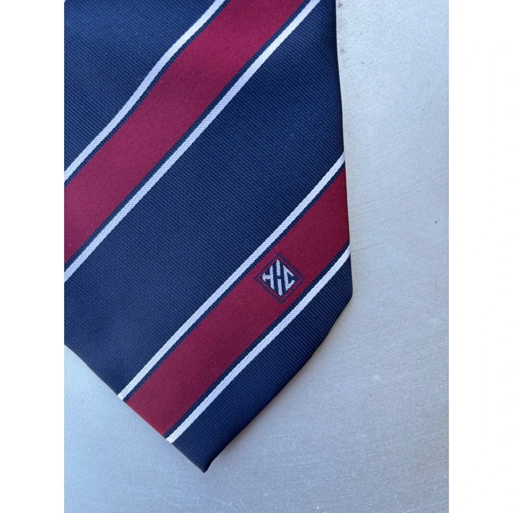Navy Blue Burgundy White Striped Silk-Feel Microfill Classic Mens Necktie Logo